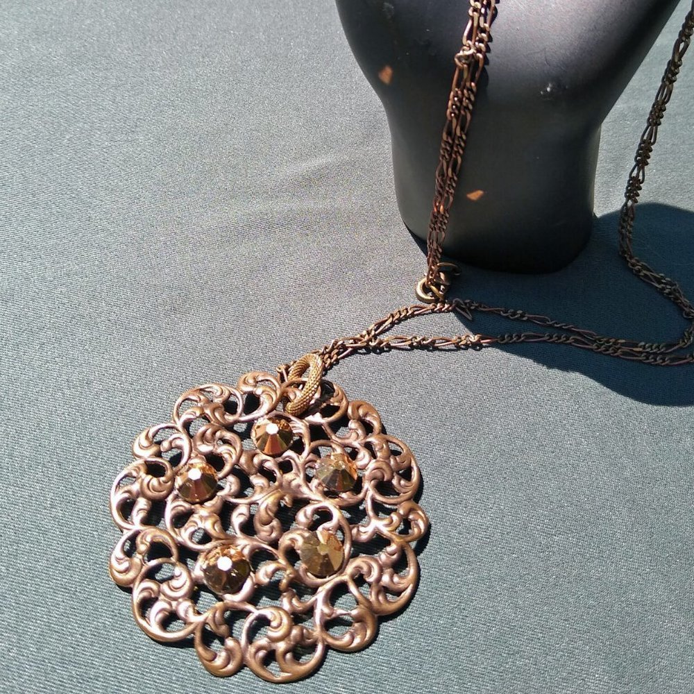 NWOT Pendant w/Natural Brass Filigree and Copper Flatback Austrian Crystals 36"